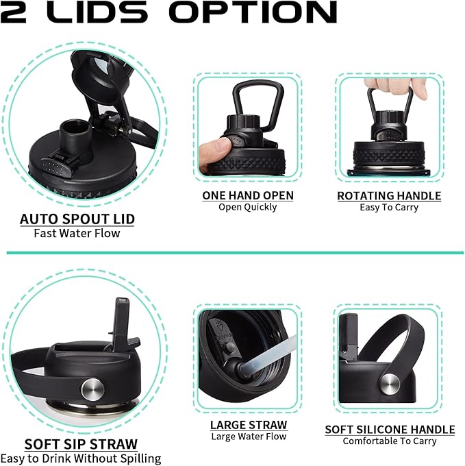 Stainless Steel Flask Water Bottle - 32oz/40oz/64oz Insulated Water Bottle with Straw & Spout Lids, Paracord Handle, Strap Sleeve, Protective Cup Mat, Hydro Thermo Perfect for Sports Office