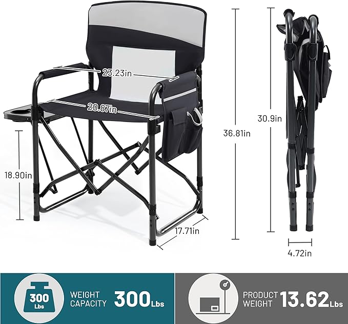 Camping Chairs Directors Chair with Side Table, Mesh Backrest Folding Lawn Chairs with Pocket, Foldable Camp Chair for Outdoor, Picnic, Sports and Fishing, Black