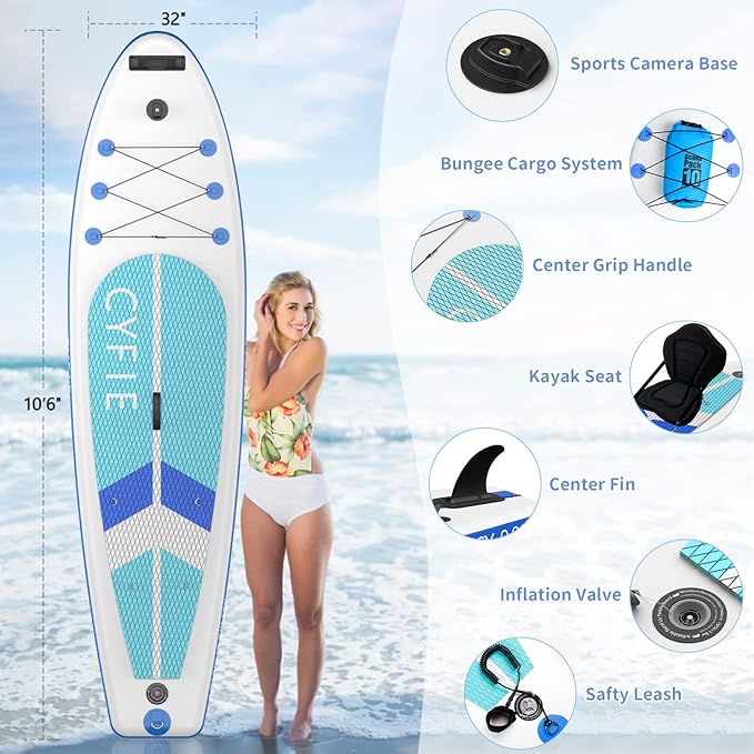 CYFIE 10'6''Inflatable Stand Up Paddle Board, Paddle Boards with Premium SUP Paddle Board Accessories, Removable Kayak Seat and Camera Mount for Yoga, Kayaking, Surf, Fishing