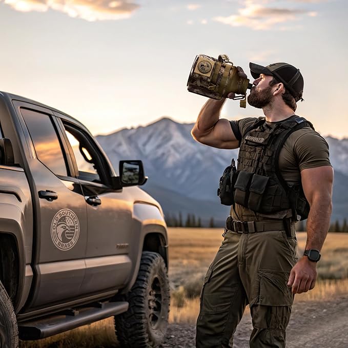 Combat Canteen - 64oz Insulated Water Bottle with Paracord Handle, Stainless Steel Water Jug with Rugged Pockets for Keys, Wallet & Phone - Woodland Camo