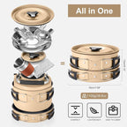 Odoland 15pcs Camping Cookware Mess Kit, Non-Stick Lightweight Pot Pan Kettle Set with Stainless Steel Cups Plates Forks Knives Spoons for Camping, Backpacking, Outdoor Cooking and Picnic