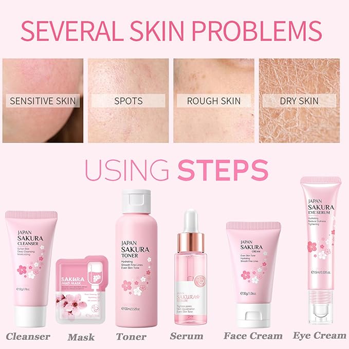 Skin Care Set Sakura Women Beauty Gift Sets Korean Skin Care Kit- Cleanser,Serum,Face Cream,Toner,Eye Cream,Mud Mask-Skin Care Routine Kit (One Size, Cherry Blossom-StyleA-Bae Moisturizing)