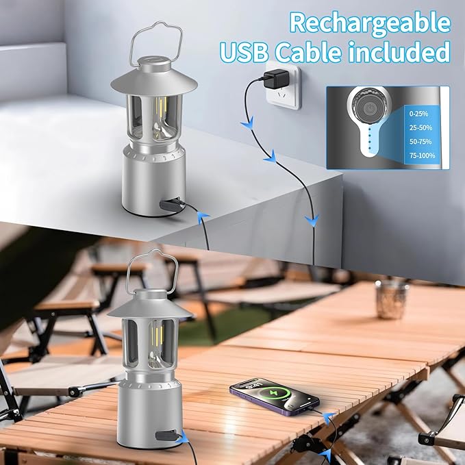 Retro Classic LED Camping Lantern, Rechargeable Stepless Dimming Vintage Lantern, 3 Light Modes (2000K-6500K), 8000mAh Power Bank, Bright Hanging Tent Light for Indoor & Outdoor, Hiking, Camp