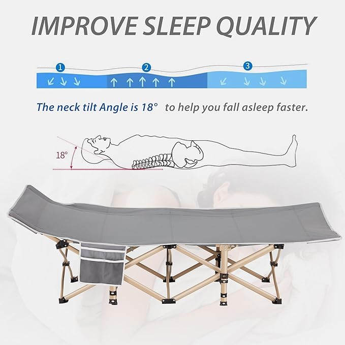 Folding Camping Cot for Sleeping, Portable Cots for Adults, Heavy Duty Cot Bed 550LBS(Max Load), Extra Wider Cots with Large Pocket for Outdoor, Office, Beach
