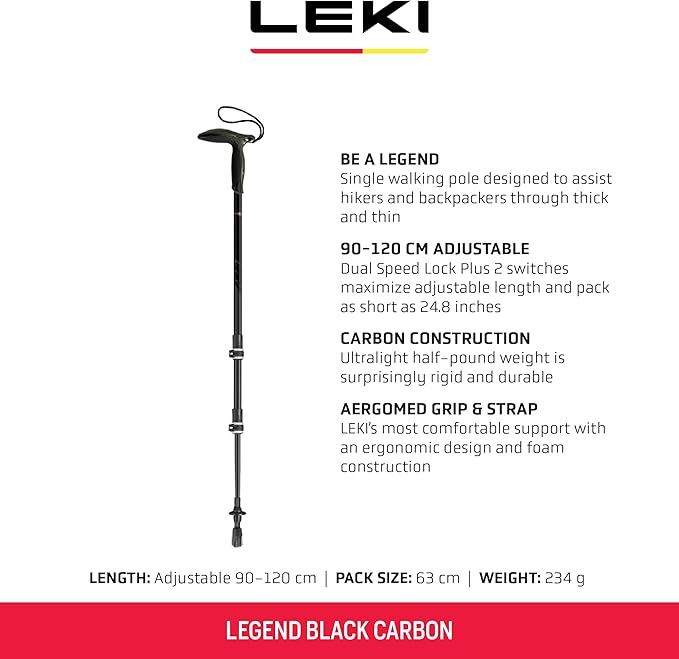 LEKI Legend Black Carbon Adjustable Lightweight Walking Pole (Single) for Trekking & Hiking