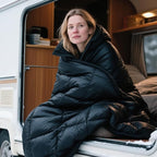 Camping Blanket, 2-in-1 Wearable Puffy Camping Blanket with Hood & Snap Buttons Waterproof Lightweight Travel Blanket Converts to Pillow for Backpacking, Beach, Picnics, Stadium (Black)