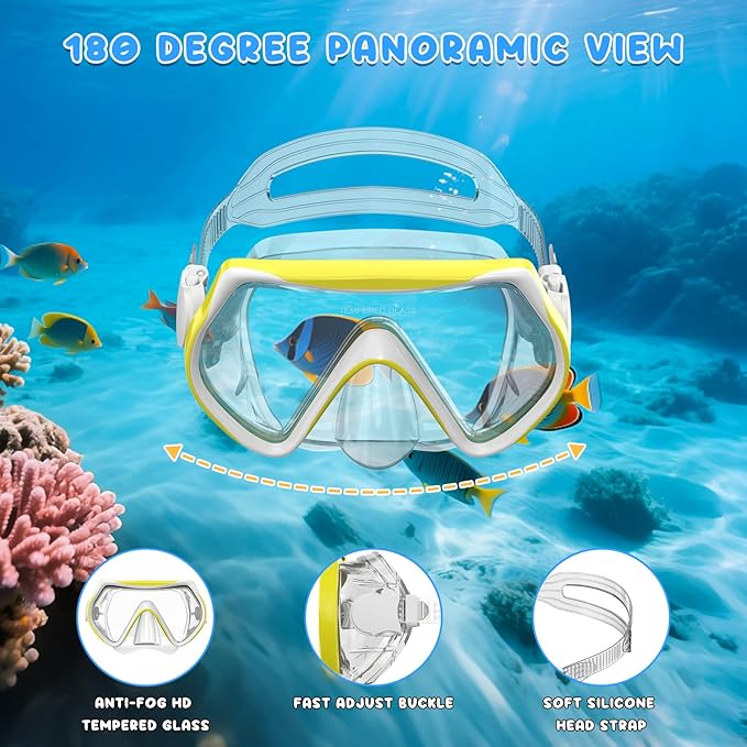 Snorkeling Gear for Kids, Kids Snorkel Set for Ages 6-14, Dry Top Snorkel, Mask Set Kid Swimming Goggles Diving Mask Combo Set Anti-Fog Panoramic View Scuba Packages