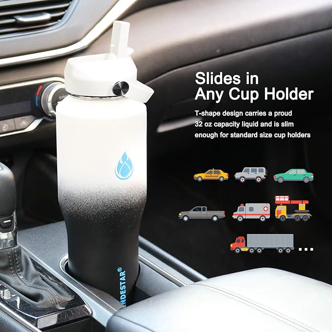 SENDESTAR 32oz Water Bottle Wide Mouth Stainless Steel Vacuum Insulated Double Wall with 2 Straw Lids Fit in Any Car Cup Holder TXIN-32-DN-1