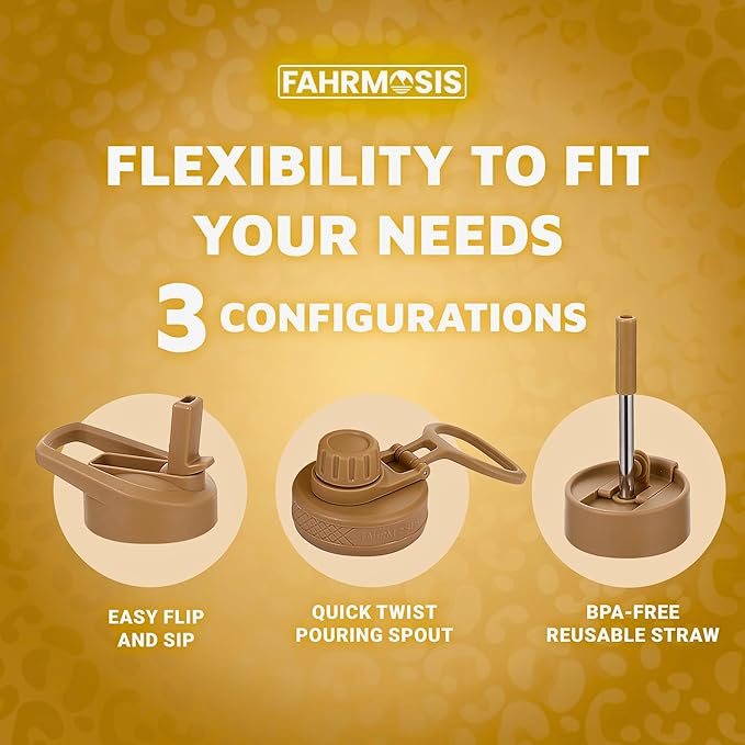 32 Oz Water Bottle with Straw Stainless Steel Sports Water Bottle with 3 Lids (Straw, Chug & Flip Lid) 1 Liter Leak Proof Insulated Metal Jug for Men & Women - Gold Leopard