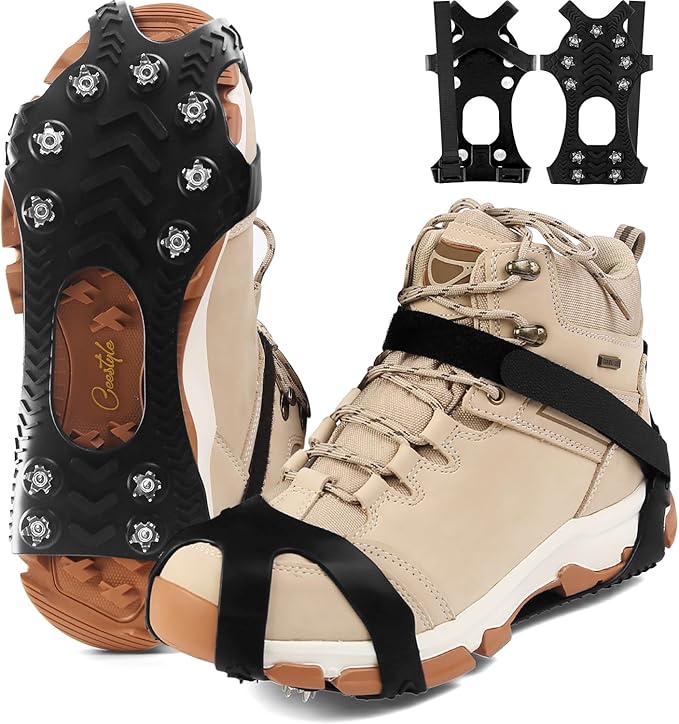 11 Spikes Crampons, Upgraded Version Stainless Steel Anti-Slip, Ice Cleats Grips for Hiking Shoes and Boots, Hiking Fishing Walking Mountaineering