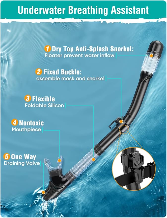 Snorkel Set Adults Snorkeling Gear Anti-Fog Panoramic View Swim Mask Dry Top Snorkel Kit with Carry Bag for Snorkeling Scuba Diving Swimming Travel