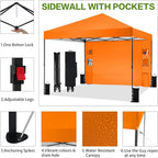 10'x10' Pop Up Canopy Tent with 1 Sidewall and 6 Pockets, One Push Setup, Instant Shade Tent with Vented Roof for Beach Patio Outdoor, Case, 8 Stakes, 4 Ropes, 4 Sandbags (Orange, 10x10)