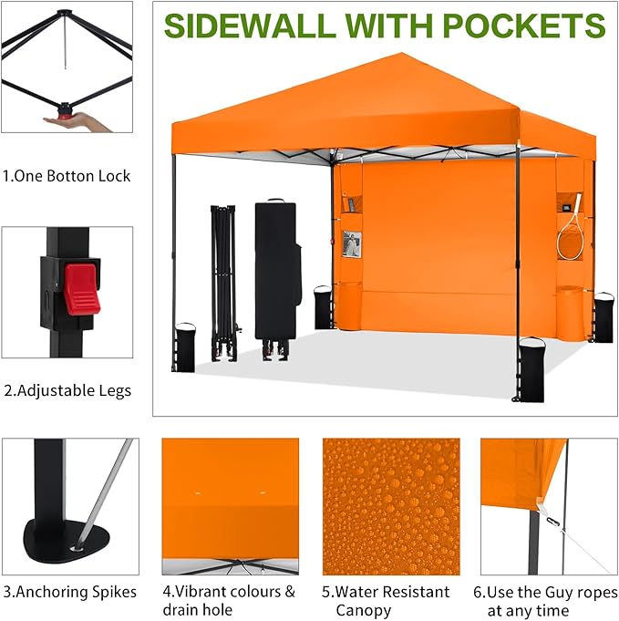 10'x10' Pop Up Canopy Tent with 1 Sidewall and 6 Pockets, One Push Setup, Instant Shade Tent with Vented Roof for Beach Patio Outdoor, Case, 8 Stakes, 4 Ropes, 4 Sandbags (Orange, 10x10)