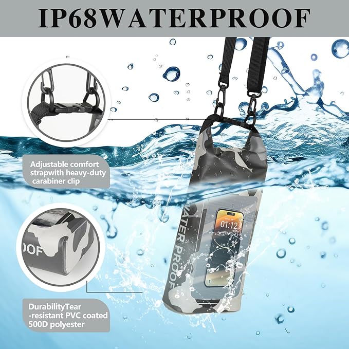 IP68 Waterproof Dry Bag, 2L - Roll Top Waterproof Pool Bag，Dry Bags for Kayaking Waterproof-w/Phone Pouch,Large Waterproof Phone Pouch,Boating & Kayak Accessories Camping (Gray 2L)