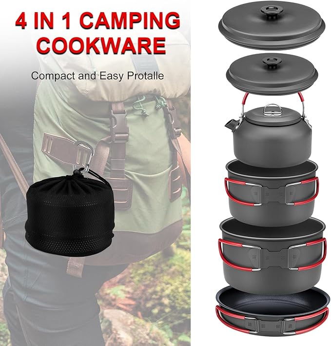 Alocs Camping Cookware Set Camping Gear, Compact Camping Pots and Pans Set, Durable Hard Alumina Camping Cooking Set for Outdoor Backpacking Camping Hiking Picnic, Included Mesh Carry Bag.