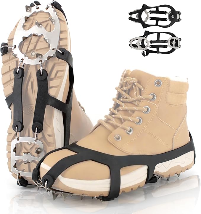 Ice Cleats, Upgraded Snow Grips 18 Stainless Steel Spikes Crampons, Strong Traction Anti-Slip, Walking Hiking on Ice & Snow Ground, Mountain Climbing, for Shoes Boots