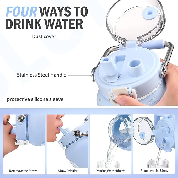 BLUEGO 84oz Water Bottle Glass with Stainless Steel Handle Large 2.5l Water Bottle with Time Markers and Silicone Sleeve Half Gallon Water Jug BPA Free for Gym Daily Use, Blue