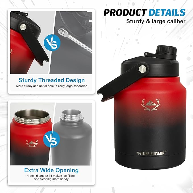 NATURE PIONEOR Insulated Water Bottles with Strap Pouch - 84 oz Stainless Steel Vacuum Bottle with Holder/Carrier/Sleeve - 18/8 Food Grade 84oz Water Jug