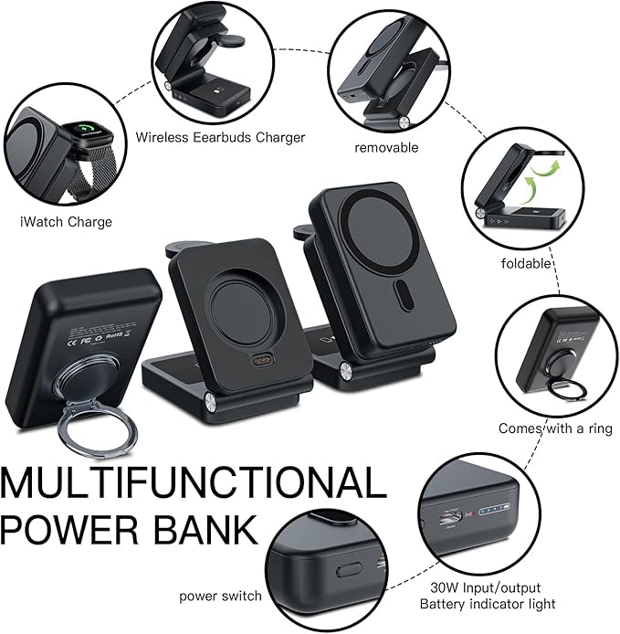 HUOTO 3 in 1 Foldable Magnetic Wireless for iPhone Charging Station,10000mAh Portable Charger Power Bank with Stand for MagSafe Battery Pack for iPhone 17/16/15/14/13/12 Series/Apple Watch/Air pods