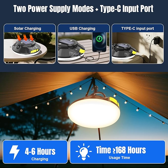 12000mAh 20000LM Solar Portable LED Camping Lantern, Rechargeable Light 120W with Magnet , Flashlight, IPX66 Waterproof Tent Lights Power Failure Emergency for Power Outages, Emergency, Tent, Outdoor