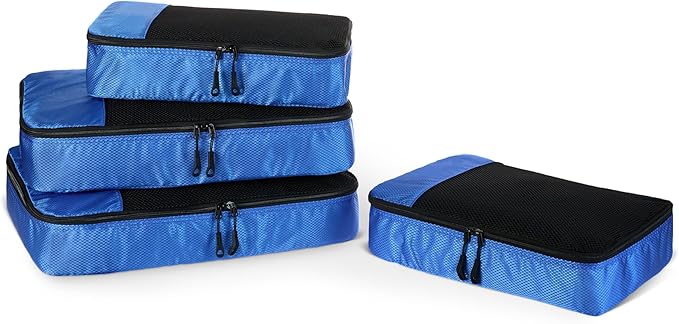 Amazon Essentials 4-Piece Packing Cubes Travel Accessories Set, Luggage Organizer with Double Zipper, Mesh Top, 100% Polyester, 2 Medium/2 Large, Blue (Previously Amazon Basics)