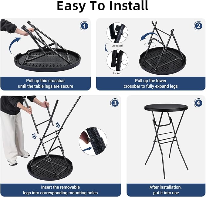 Cocktail Table 28in High Top Round Folding Indoor Outdoor, Plastic Bar Height Foldable Bistro Tall Table for Party, Patio, Dining Room, Kitchen, Events, Removable Locking Legs, Black