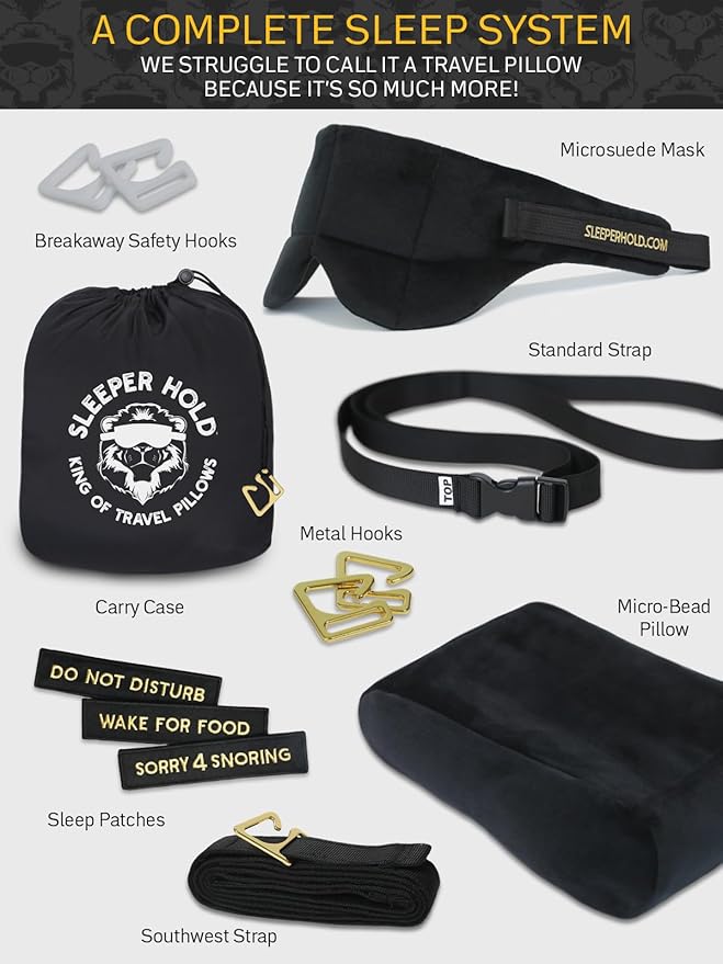 Sleeper Hold Travel Pillow - Real Sleeping Experience on Long Flights - Head Strap with Eye Mask - Super-Soft, Lightweight, Easy-to-Carry, and Machine-Washable Airplane Pillow