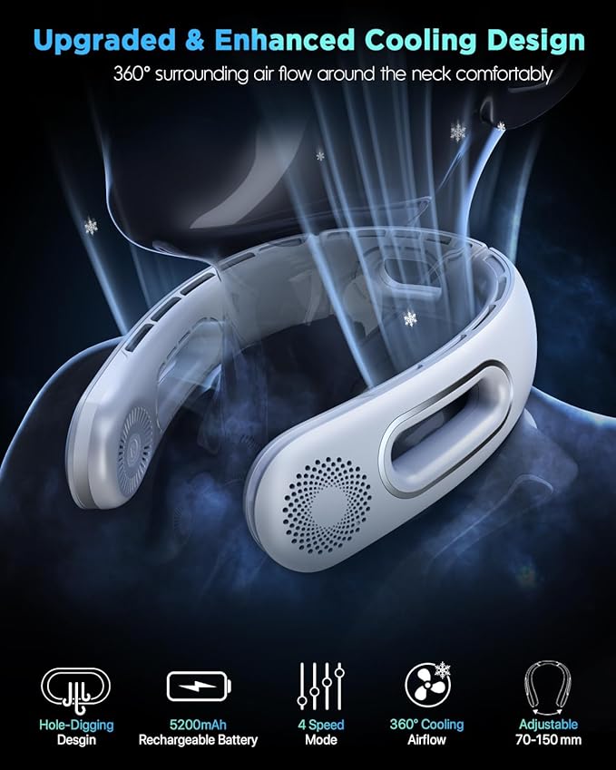 Neck Fan, Hands Free Bladeless Neck Fans Portable Rechargeable, 360° Cooling Neck Fan, 4 Speeds, Quiet, 5200 mAh Battery Operated USB Wearable Personal Fan Gifts for Women, Travel, Outdoor
