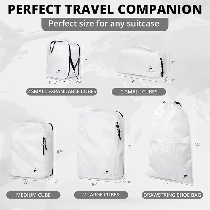 8 Piece Compression Packing Cubes Set - Double Capacity Design for Travel - Small, Medium & Large Sizes - Carry-On Suitcase Organizer Bags (White)