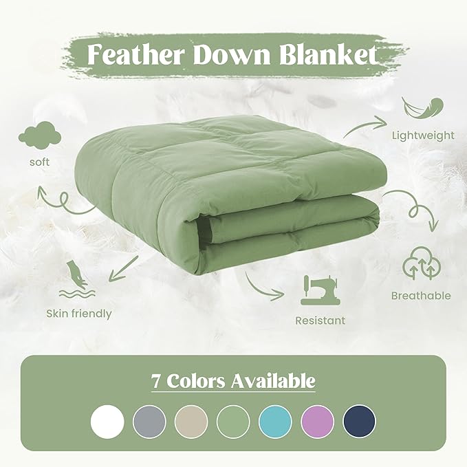 puredown® Queen Size Blanket for Bed, Ultra Soft Lightweight Down & Feather Fill, All Season Blanket, Machine Washable, 88"X90", Sage Green