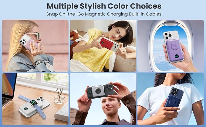 Magnetic Portable Charger for iPhone with Built-in Cables, 6-in-1 10800mAh Power Bank with iWatch Charger & LCD Display,25W Fast Charging Battery Pack for iPhone 16/15/14/13/12,Apple Watch (Purple)