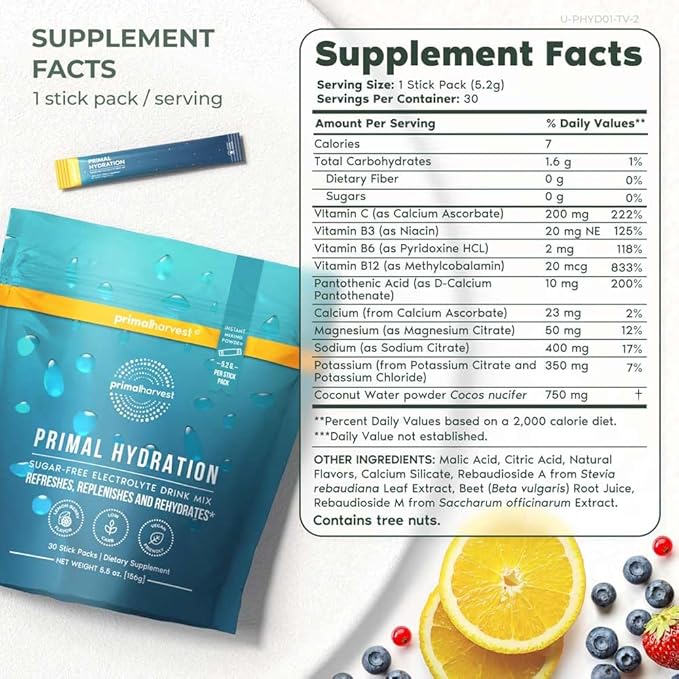 Primal Harvest Electrolytes Powder Packets Primal Hydration, Easy Open Packets, Energy Drink Mix 2 Pack Bundle (Lemon Berry, 60 Packs)
