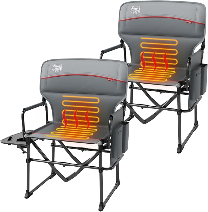 TIMBER RIDGE Heavy Duty Aluminium Heated Camping Chair with Compact Size, Portable Directors Chair Supports 400lbs with Side Table and Pocket for Camping, Lawn, Sports 2 Set(Power Bank not Included)