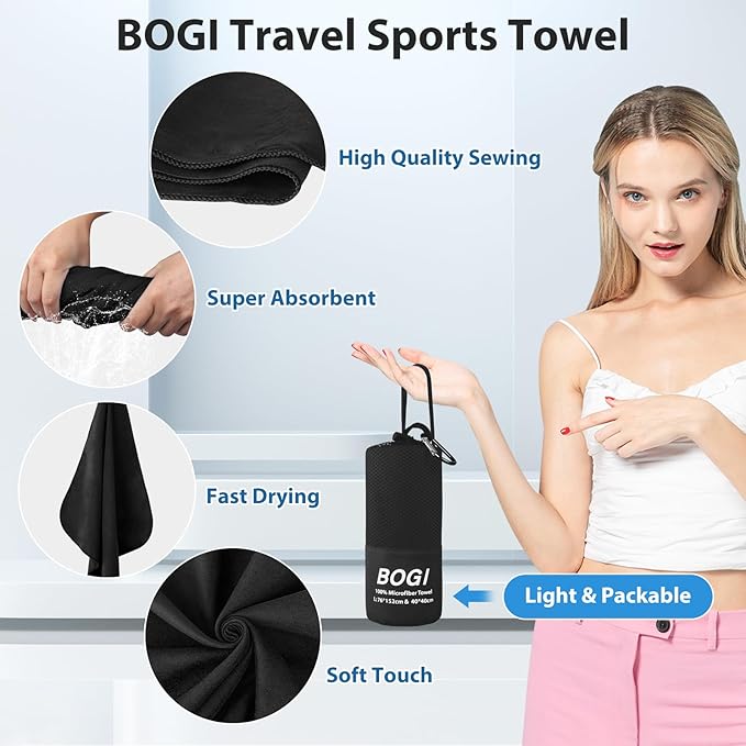 BOGI Microfiber Travel Sports Towel-Quick Dry Soft Lightweight Absorbent Compact for Camping Gym Beach Bath Yoga Swimming Backpacking (XL:72''x32''+16''x16''-Black)