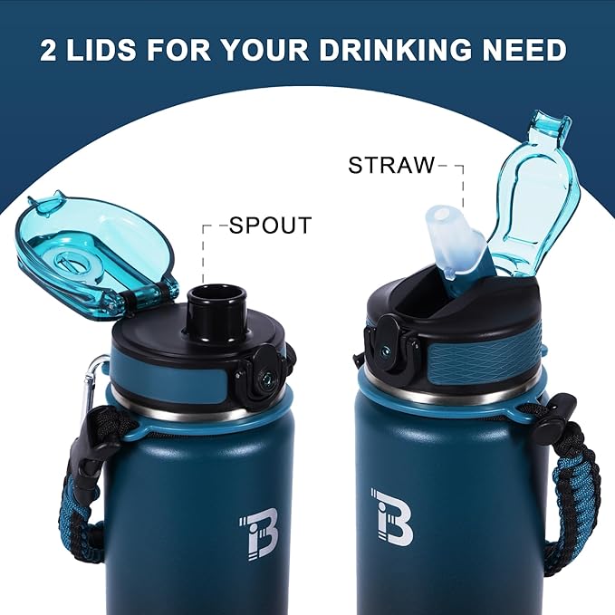 32oz Insulated Water Bottle with Straw Lid & Spout Lid & Paracord Handle, Stainless Steel Water Bottle Wide Mouth, Double Wall for Women Men Gym Fitness Outdoor