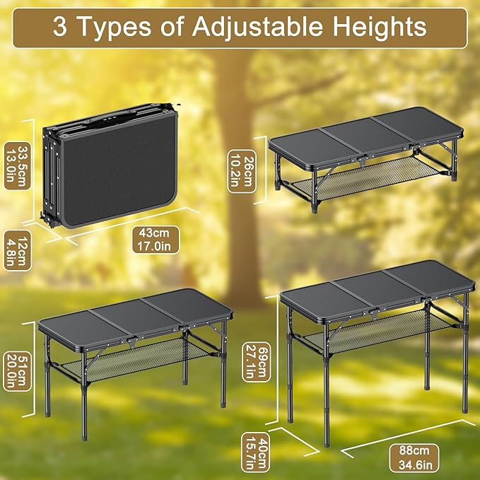 Folding Camping Table, 3 FT Folding Portable Camping Table, Outdoor&Indoor Picnic Table with 3 Adjustable Height Max 27.1",Lightweight Aluminum Camping Tables, Car Camping Essentials-Pure Black