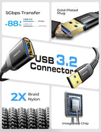 AINOPE 2 Pack USB Extensions Cable High Speed USB 3.0 Extension Cord Type A Male to Female Sturdy Braided Material Fast Data Transfer Compatible with USB Keyboard,Mouse,Flash Drive,Black,10FT+10FT