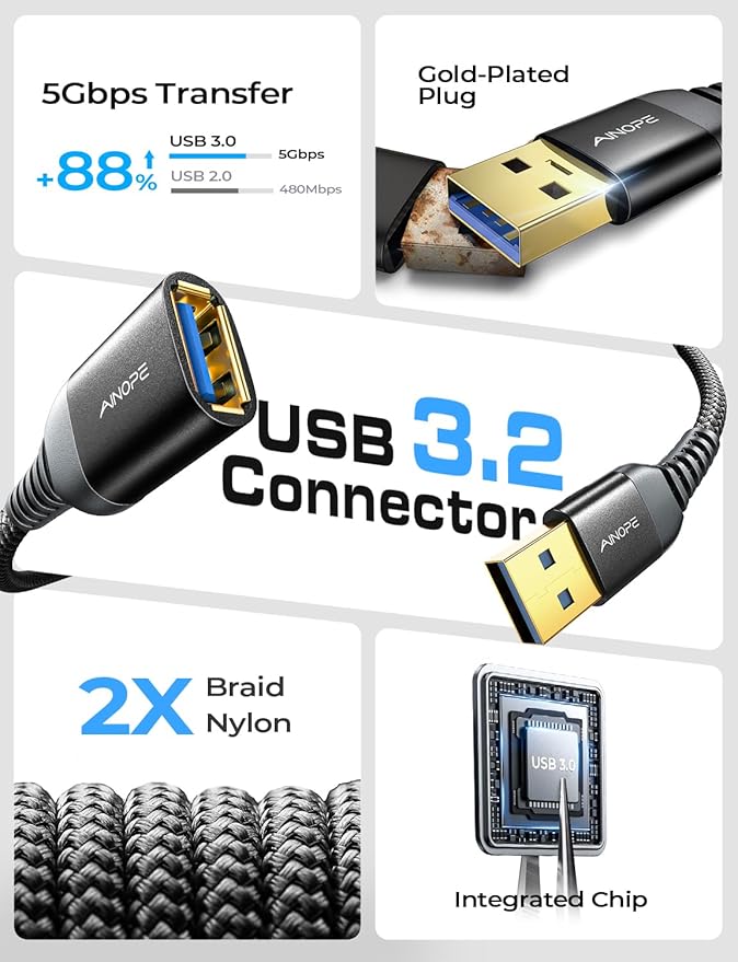 AINOPE 2 Pack USB Extensions Cable High Speed USB 3.0 Extension Cord Type A Male to Female Sturdy Braided Material Fast Data Transfer Compatible with USB Keyboard,Mouse,Flash Drive,Black,10FT+10FT