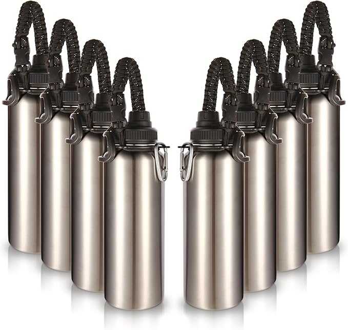 Volhoply Insulated Water Bottles Bulk 8 Pack, 40 oz Stainless Steel Sports Bottle with Paracord Handle & Spout Lid, Vacuum Metal Travel Water Cups with Wide Mouth,Reusable Large jug(Silver,8 Set)