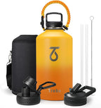 Trebo 128 oz 1 Gallon Water Bottle Insulated with Paracord Handle and Straw,Vacuum Stainless Steel Large Water Jug Keep Cold 48 Hours,Water Flask with 3 Lids for Men Women Sports,Gym, Orange