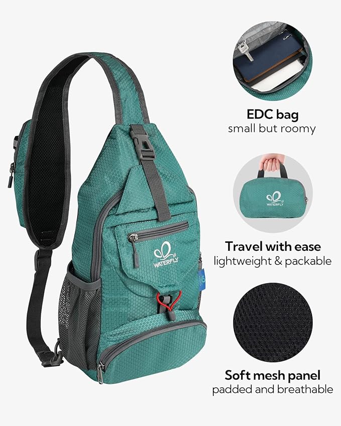 WATERFLY Packable Small Crossbody Sling Backpack Shoulder Chest Bag Daypack for Hiking Traveling