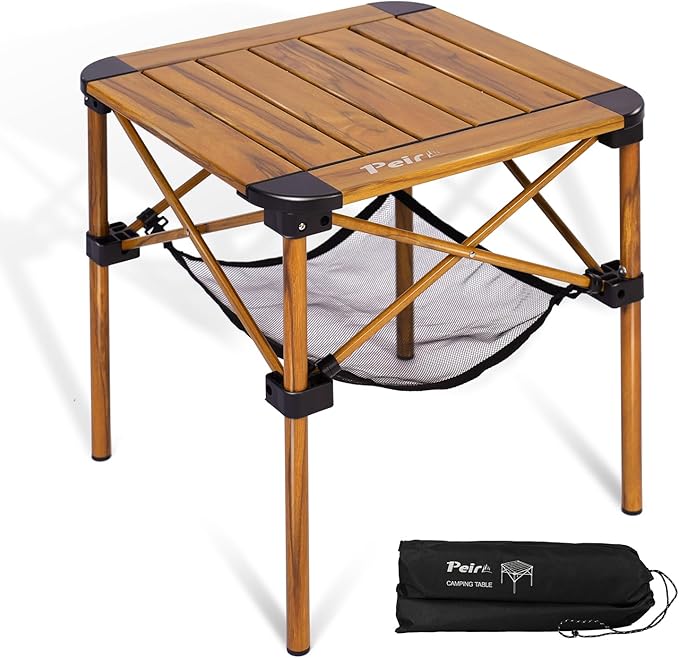 Folding Camping Table, Portable Lightweight Aluminum Camp Table Roll Up Top with Storage Net for Outdoor, Camping, Picnic, Backyards, BBQ(Woodgrain, 15.8 x 15.8 x 15.8in)