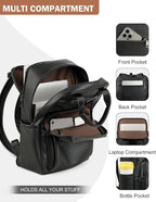 MASINTOR Leather Laptop Backpack for Women, Stylish Computer Backpack College Business Work Shoulder Bags Work and Travel Black