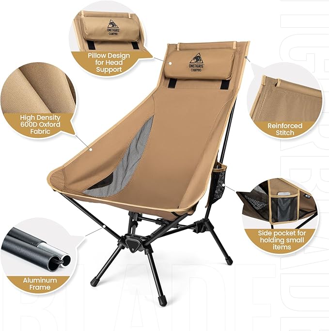 OneTigris Tigerblade High Back Camping Chair with Pillow Design, Comfortable Widened Seat Folding Chair