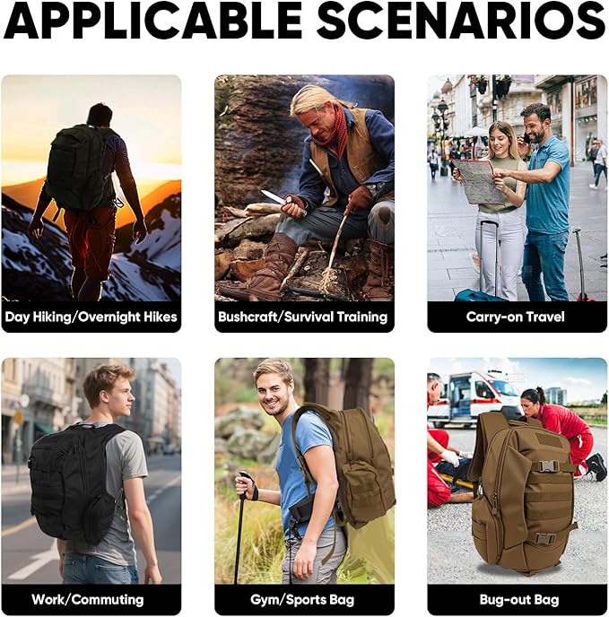 35L Tactical Backpack for Men, MOLLE Military Bug Out Bag, Waterproof Rucksack for Hiking with Hydration Port Tan