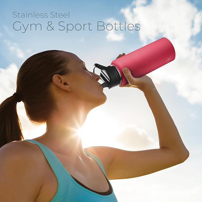 SipX™ Triple-Insulated Stainless Steel Water Bottle 40oz. With 3 Lids, BPA-Free Reusable Insulated Water Bottle Keeps Cold 24 Hours, Metal Water Bottle Made Of Sustainable Material For Hiking & Biking