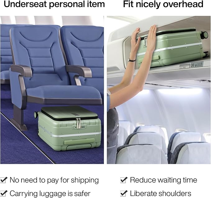 Hanke 16 Inch Underseat Carry On Luggage with Wheels,Small Hard Shell Suitcases for Weekender,Top Opening Lightweight Travel Luggage Suitcase for Womem Men,Bamboo Green.