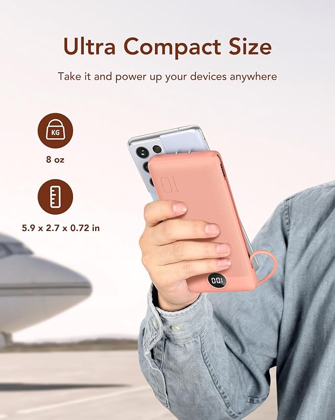 VEGER Portable Charger for iPhone Built in Cables and Wall Plug, 10000mah Slim Fast Charging USB C Power Bank, Travel Essential Battery Pack Compatible with iPhones, iPad, Samsung More Devices(Pink)