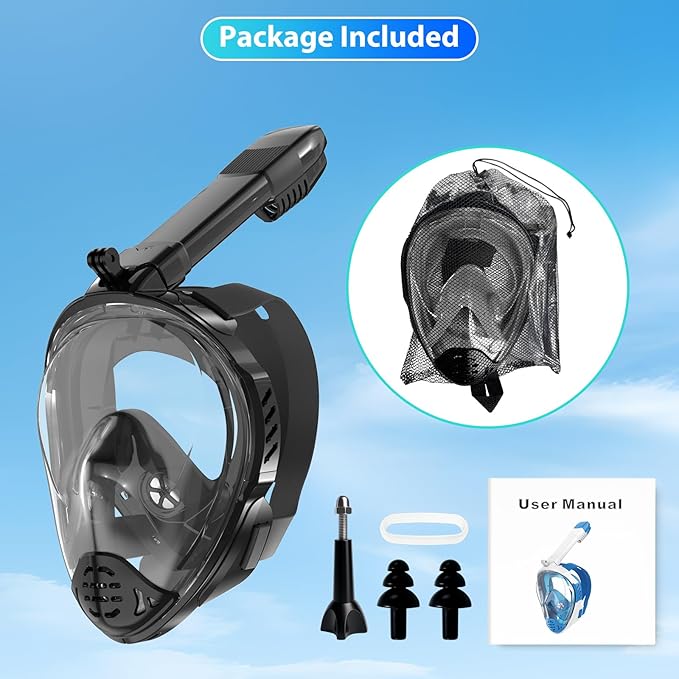 Snorkeling Gear for Adults, Full Face Snorkel Mask, Scuba Diving Mask with Detachable Camera Mount, 180 Degree Panoramic View Anti-Leak Anti-Fog