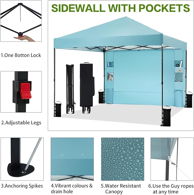 10'x10' Pop Up Canopy Tent with 1 Sidewall and 6 Pockets, One Push Setup, Instant Shade Tent with Vented Roof for Beach Patio Outdoor, Case, 8 Stakes, 4 Ropes, 4 Sandbags (Cyan, 10x10)